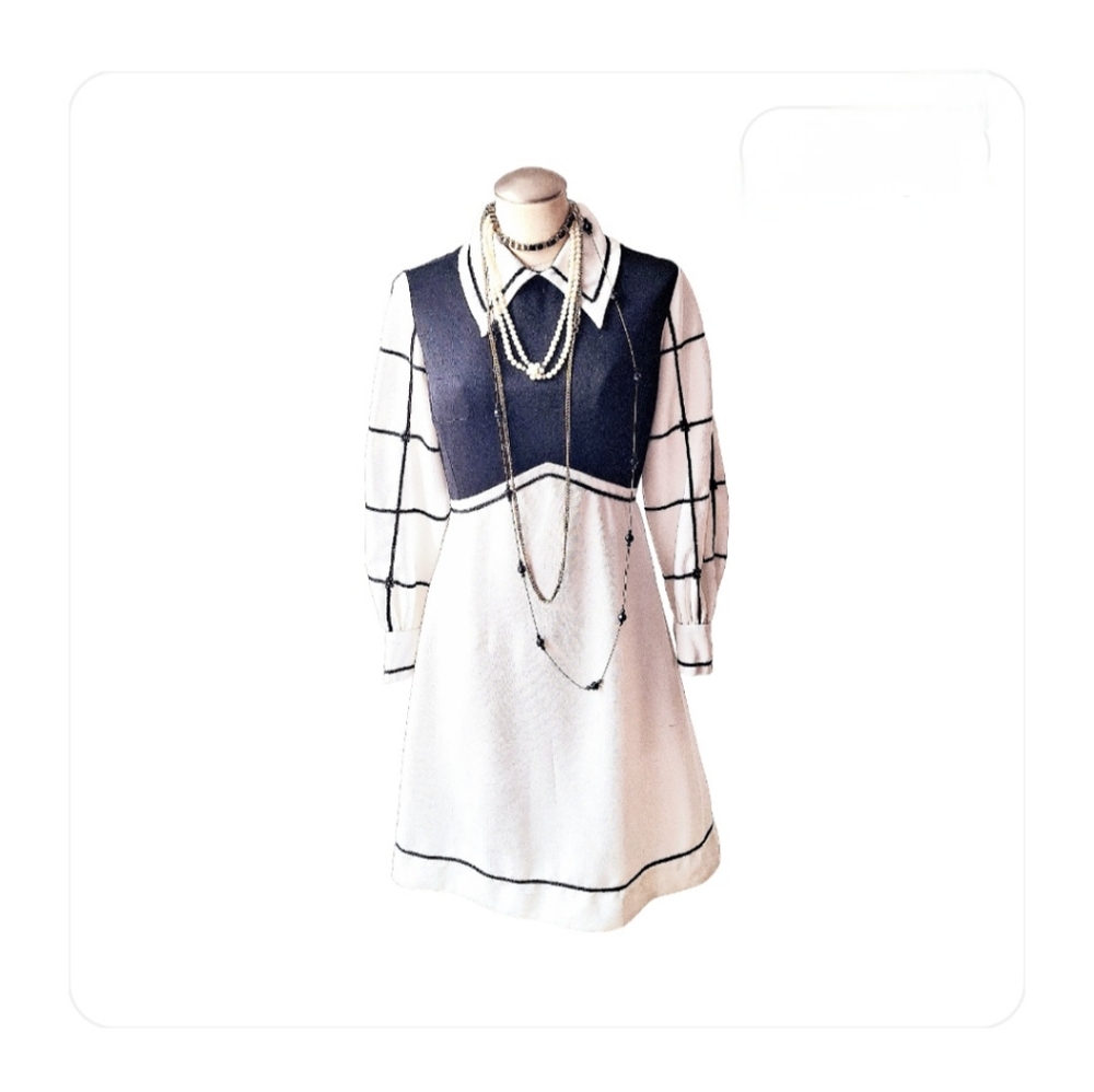 Vintage 1970"s Black White Mod Dress Women M/L